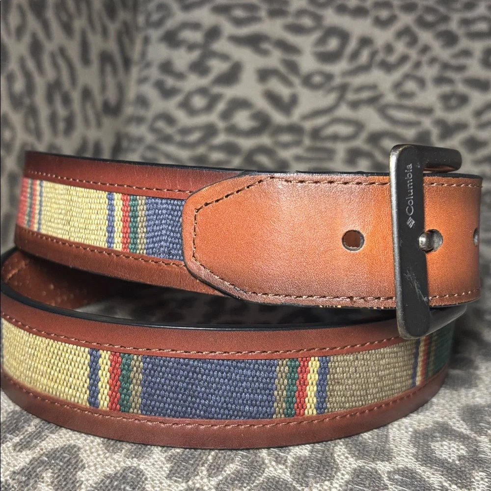 Columbia wide leather belt with Guatemalan fabric inlay bohemian belt LG 38-40